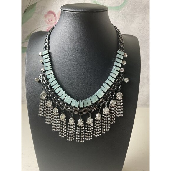 Statement Necklace With Mint Green & Rhinestone Tassels Black Metal Chain - Picture 1 of 4